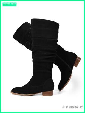Suede Knee High Flat Slouchy Boots Side Zip Comfort Fall